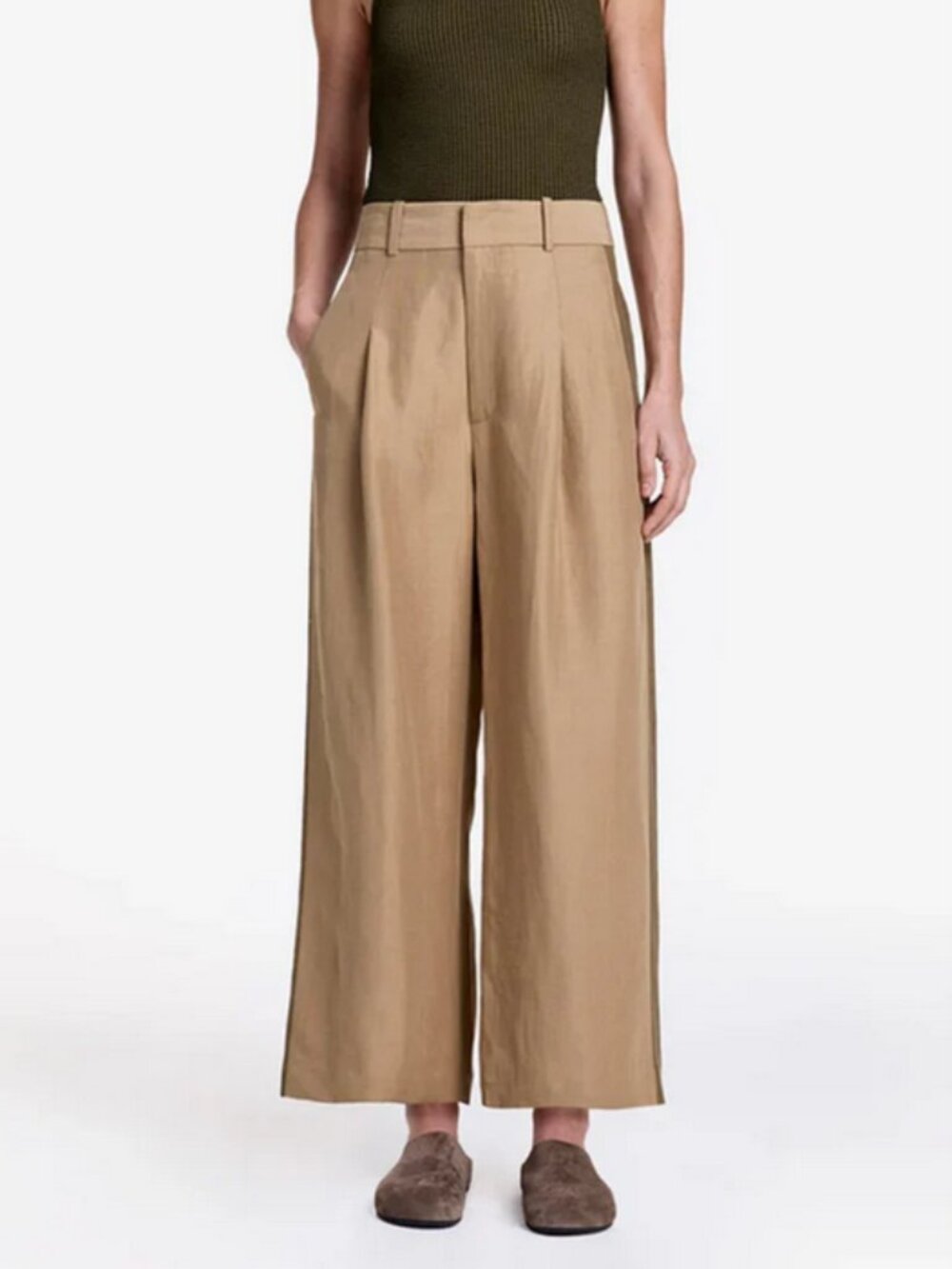 SMYTHE Tux Stripe Crop Pleated Trouser - Khaki